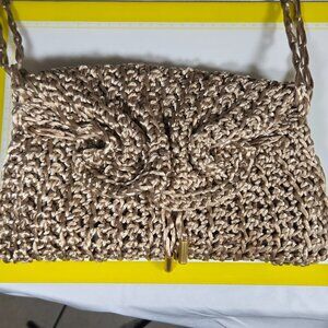 Vintage Jay by Sharif Woven Crochet Drawstring Shoulder Bag Beige Boho